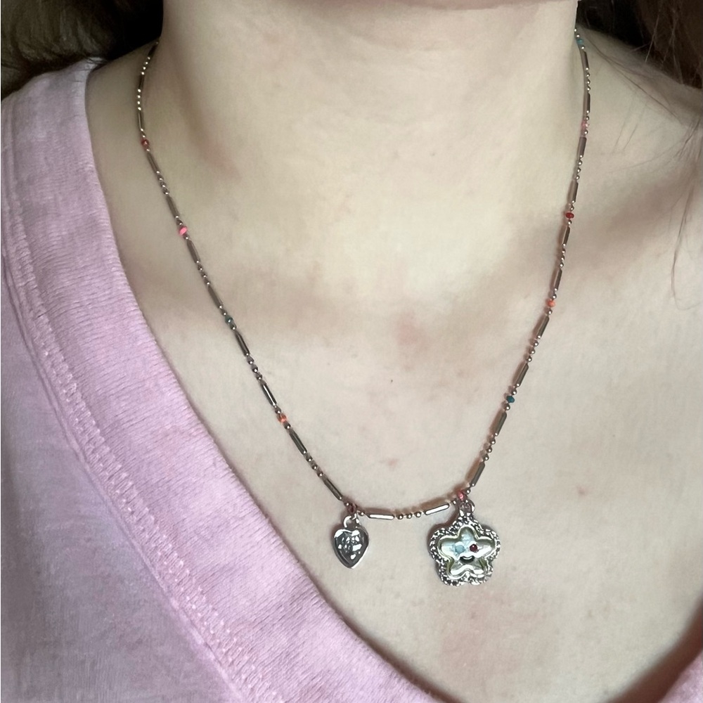 Silver Heart and Flower Pendant Necklace